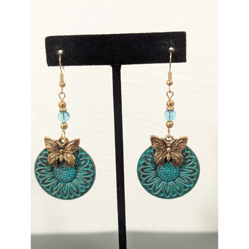 Boho Green Patina Sunflower Butterfly Dangle Earrings Gold Tone Artisan